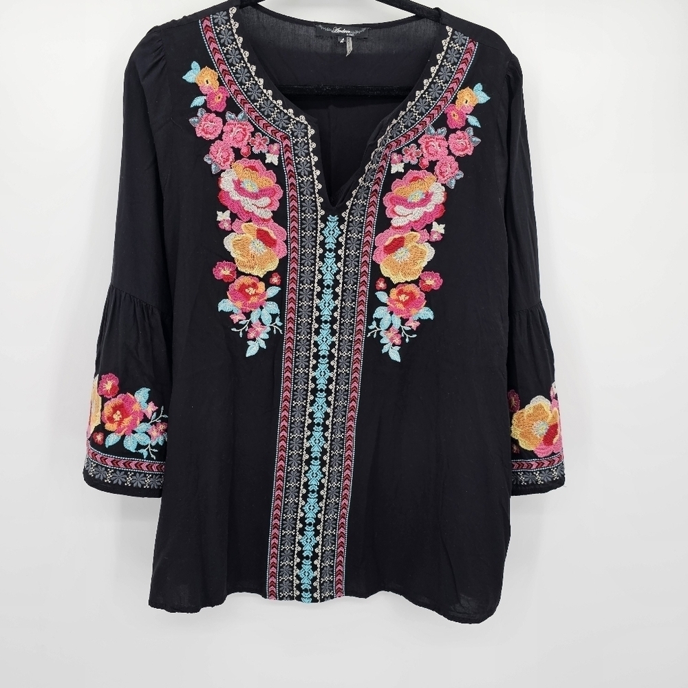 Andree By Unit Boho Black Flowy Embroidered Tunic Blouse Womens Size Large - Picture 3 of 8